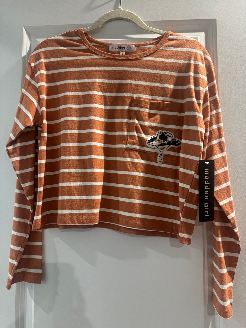 Madden Girl Rust Orange and White Striped Long Sleeve Crop Tee